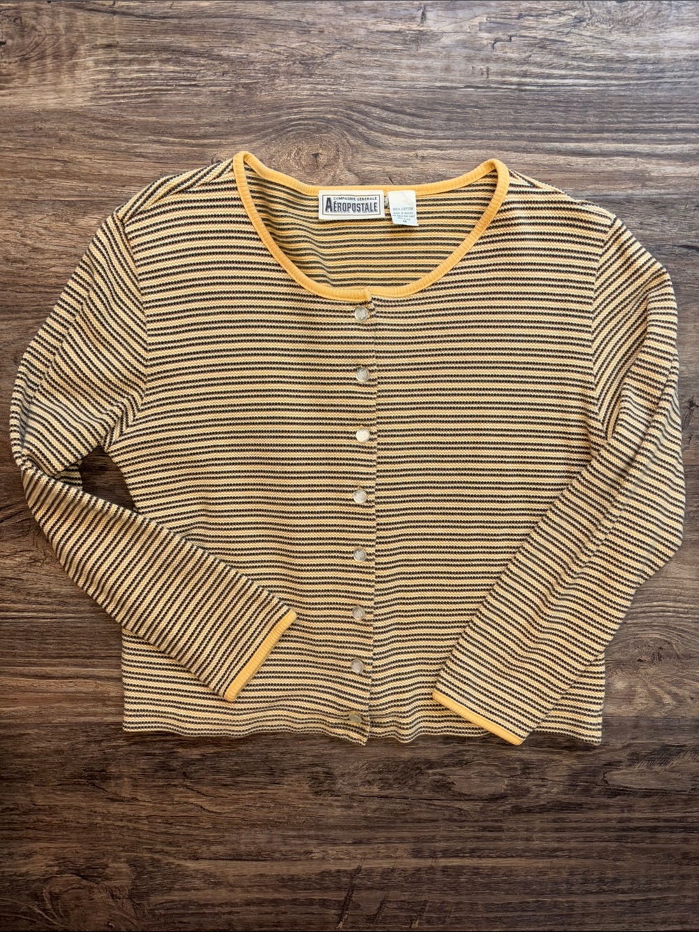 Vintage Aeropostale Yellow and Black Striped Button-Front Top/Cardigan